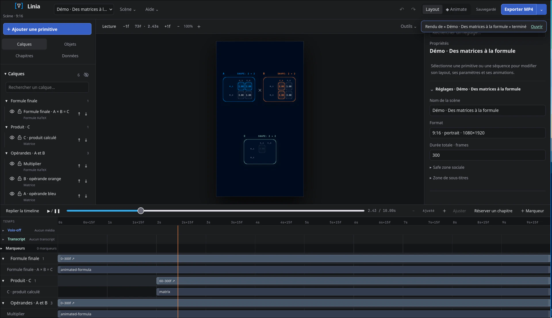 LINIA editor showing a matrix multiplication scene and its timeline